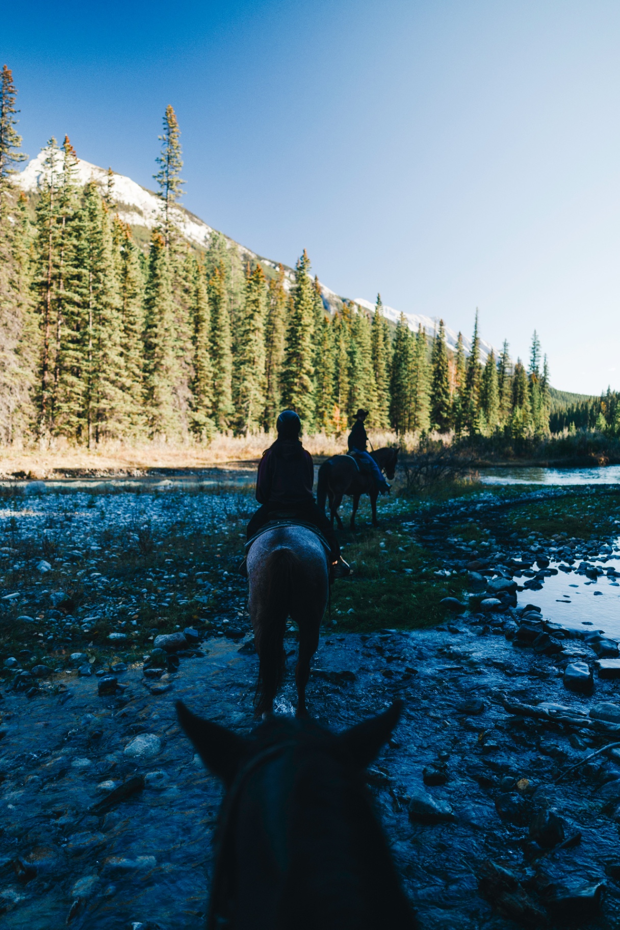 Horseback riders with Teton mountain views
